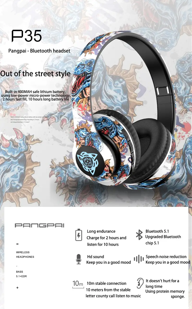 True Wireless Bluetooth Headset P35 Cross Border Graffiti Design β feature 4