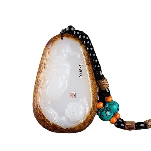 Afghan Jade Lotus Pendant with Green & Orange Beads - Image 6