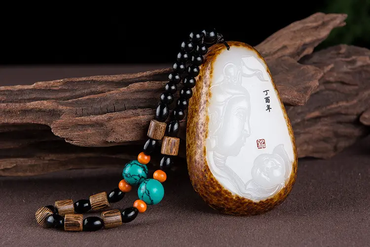 Afghan Jade Lotus Pendant with Green & Orange Beads — feature 1