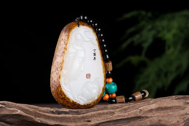 Afghan Jade Lotus Pendant with Green & Orange Beads — feature 3