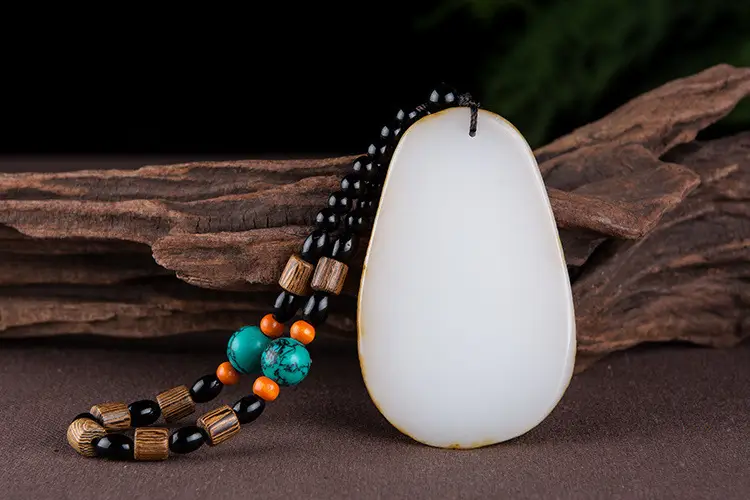Afghan Jade Lotus Pendant with Green & Orange Beads — feature 4