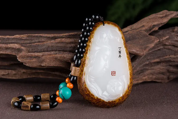 Afghan Jade Lotus Pendant with Green & Orange Beads — feature 5