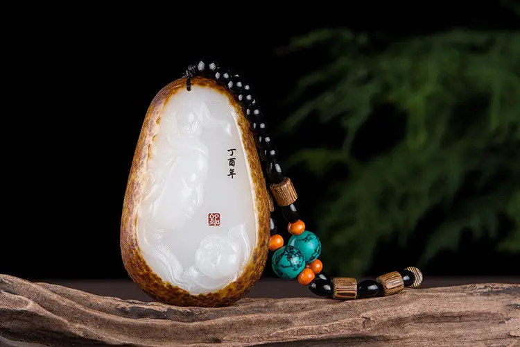 Afghan Jade Lotus Pendant with Green & Orange Beads — feature 6