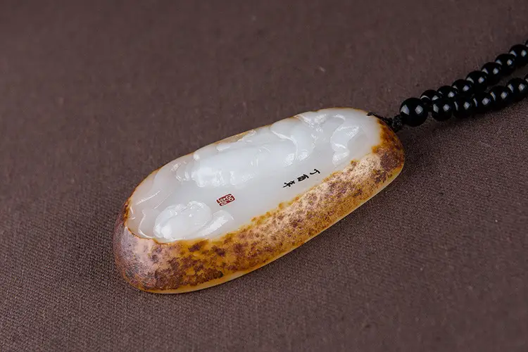 Afghan Jade Lotus Pendant with Green & Orange Beads — feature 7