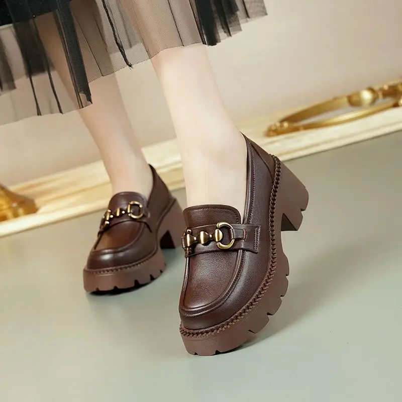 2024 New Women's Shoes Soft Leather All-match Small Leather Shoes for Students Thick-soled Increased Loafers British-style Slip-on Shoes - Image 4