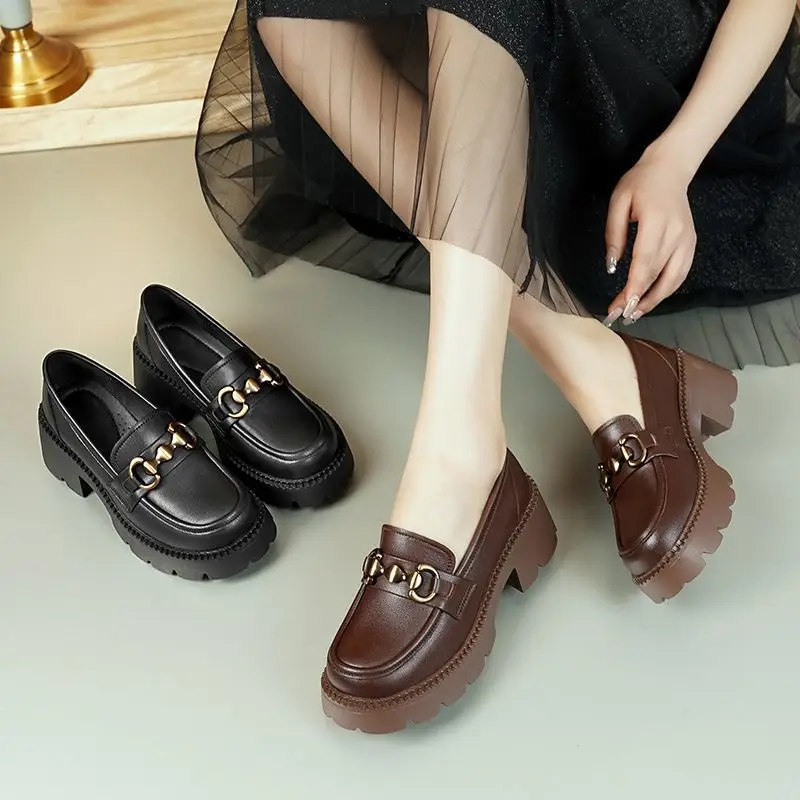 2024 New Women's Shoes Soft Leather All-match Small Leather Shoes for Students Thick-soled Increased Loafers British-style Slip-on Shoes - Image 5