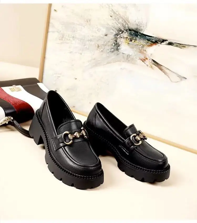 2024 New Women's Shoes Soft Leather All-match Small Leather Shoes for Students Thick-soled Increased Loafers British-style Slip-on Shoes — feature 19