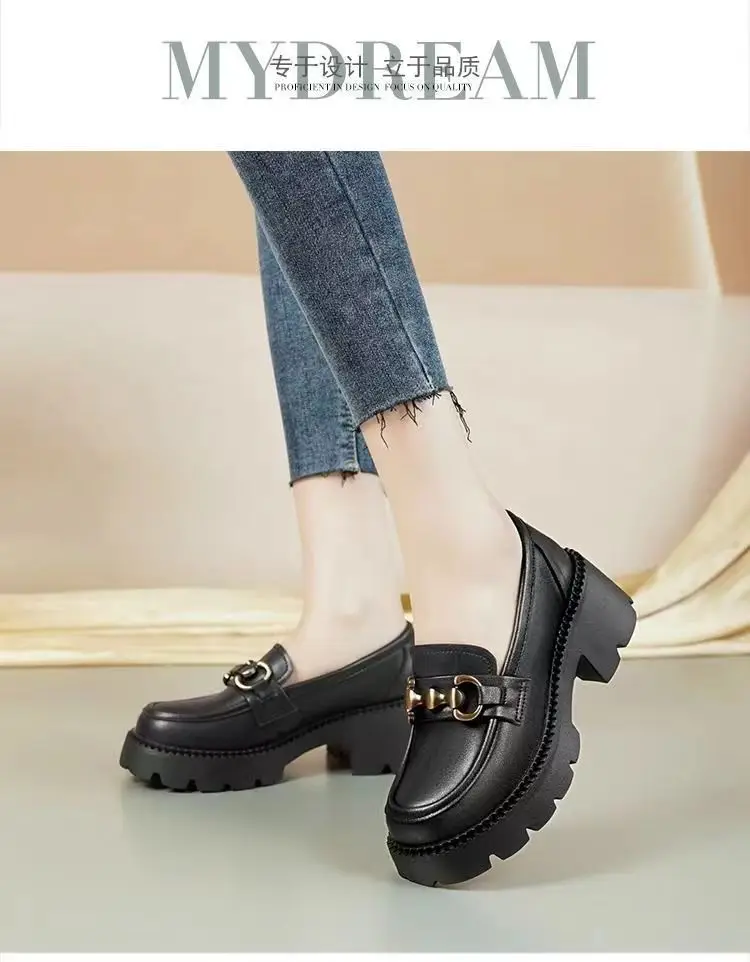 2024 New Women's Shoes Soft Leather All-match Small Leather Shoes for Students Thick-soled Increased Loafers British-style Slip-on Shoes — feature 8