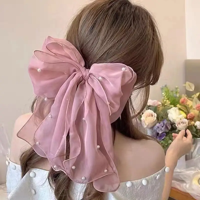 Super Fairy Chiffon Bow Hairpin Women's Back of Head Disc Hair Con Fluffy Hair Display Multi-headdress Korean Style Pearl Top Clip - Image 3