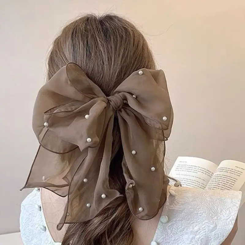 Super Fairy Chiffon Bow Hairpin Women's Back of Head Disc Hair Con Fluffy Hair Display Multi-headdress Korean Style Pearl Top Clip - Image 4