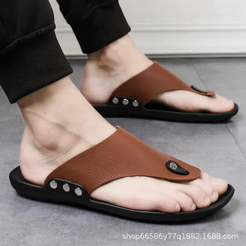 Summer New Men's Flip-Flops, Lightweight Men's Slippers for Going Out at Home, Genuine Leather Waterproof Trendy Men's Shoes, Foreign Trade Wholesale
