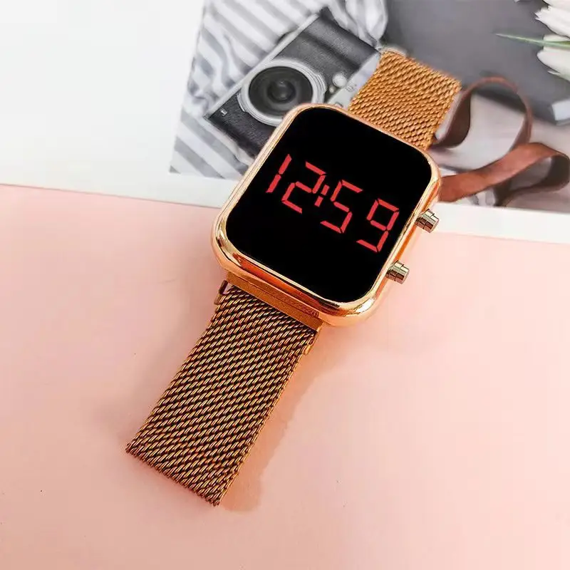 LED Digital Watch with Gold Black Mesh Band