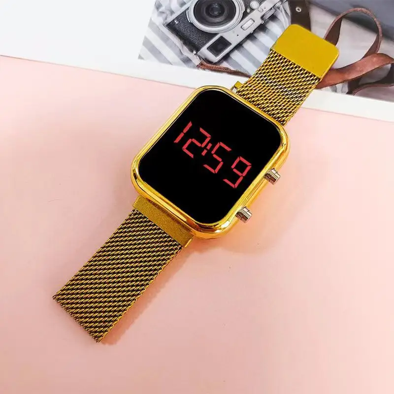 LED Digital Watch with Gold Black Mesh Band - Image 3