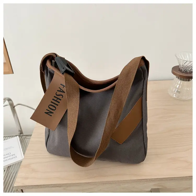 Women Canvas Shoulder Bag Black Brown Contrast 2024 - Image 4