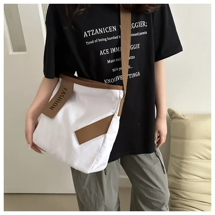 Women Canvas Shoulder Bag Black Brown Contrast 2024 - Image 8
