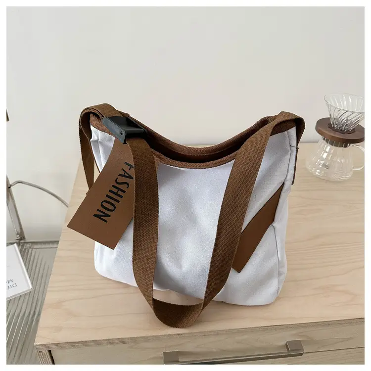 Women Canvas Shoulder Bag Black Brown Contrast 2024 - Image 2