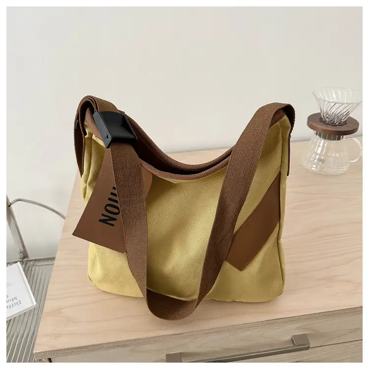 Women Canvas Shoulder Bag Black Brown Contrast 2024 - Image 3