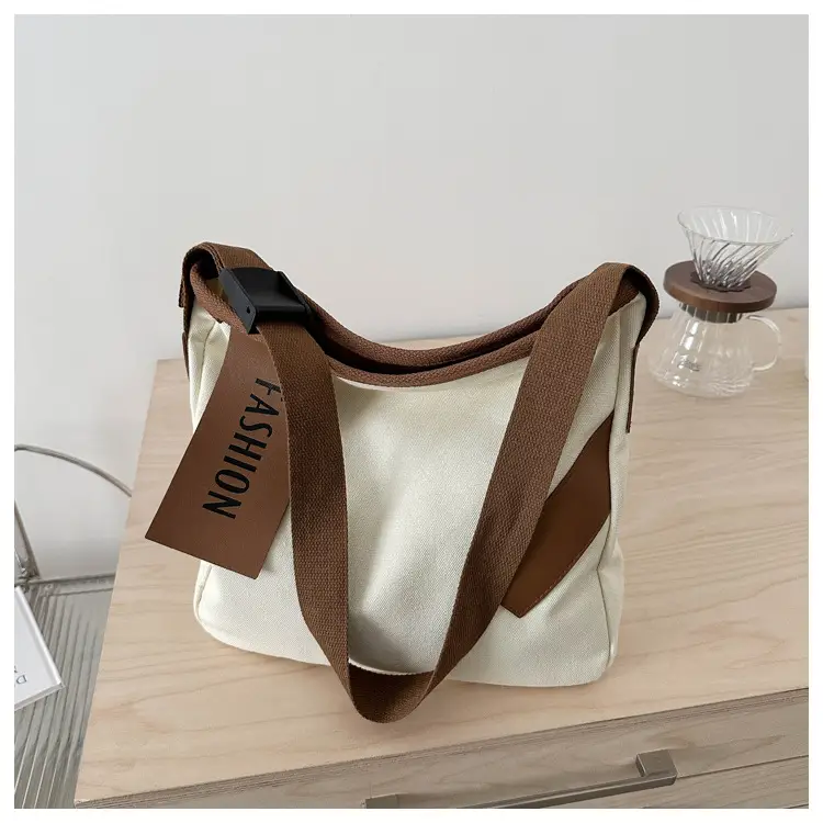 Women Canvas Shoulder Bag Black Brown Contrast 2024 - Image 5