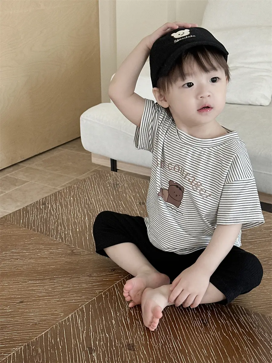 Kids Striped T-Shirt Shorts Set White Blue Bear Print