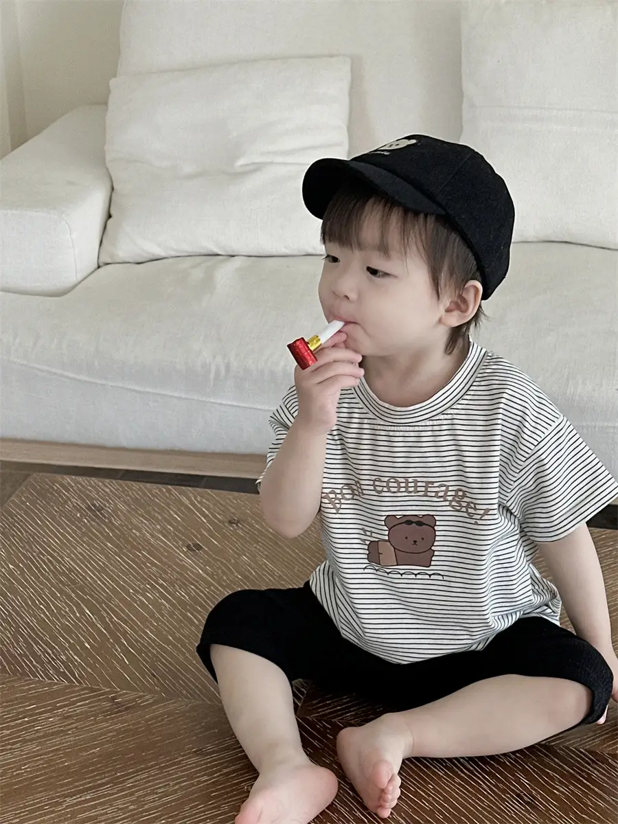 Kids Striped T-Shirt Shorts Set White Blue Bear Print
