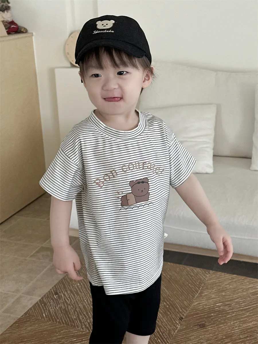 Kids Striped T-Shirt Shorts Set White Blue Bear Print
