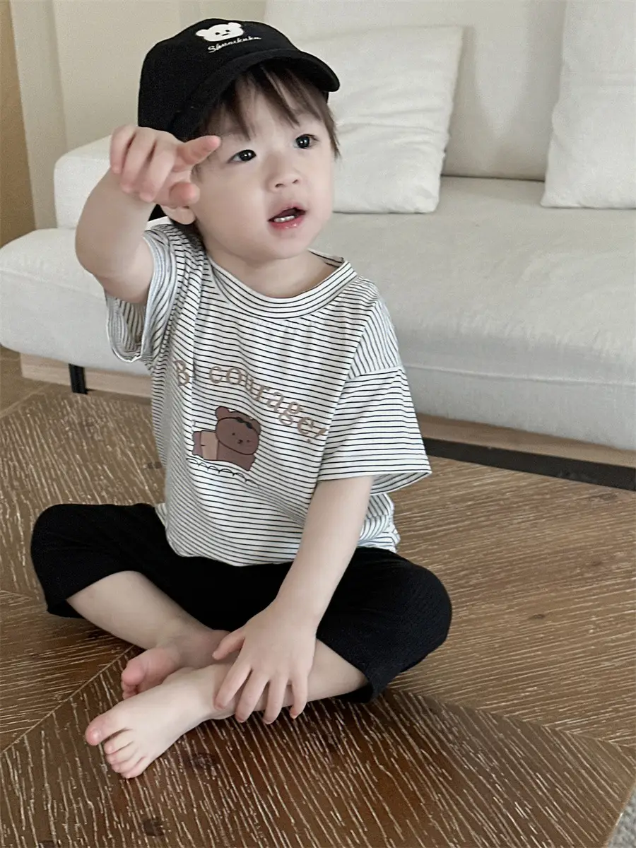 Kids Striped T-Shirt Shorts Set White Blue Bear Print