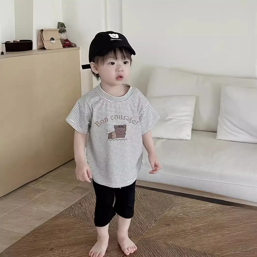 Kids Striped T-Shirt Shorts Set White Blue Bear Print — feature 2
