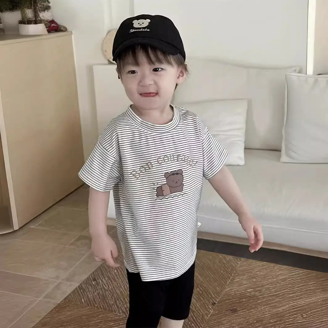 Kids Striped T-Shirt Shorts Set White Blue Bear Print — feature 4