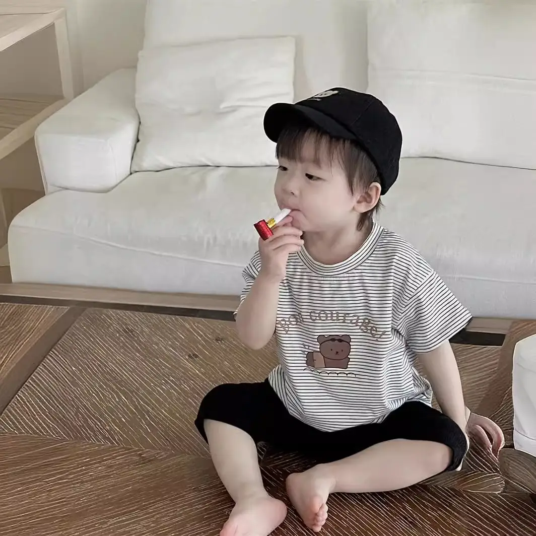 Kids Striped T-Shirt Shorts Set White Blue Bear Print — feature 5