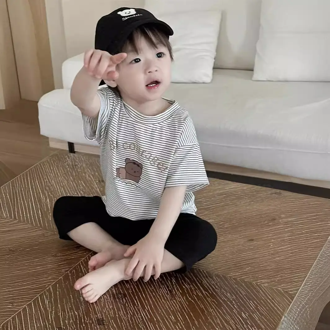 Kids Striped T-Shirt Shorts Set White Blue Bear Print — feature 6