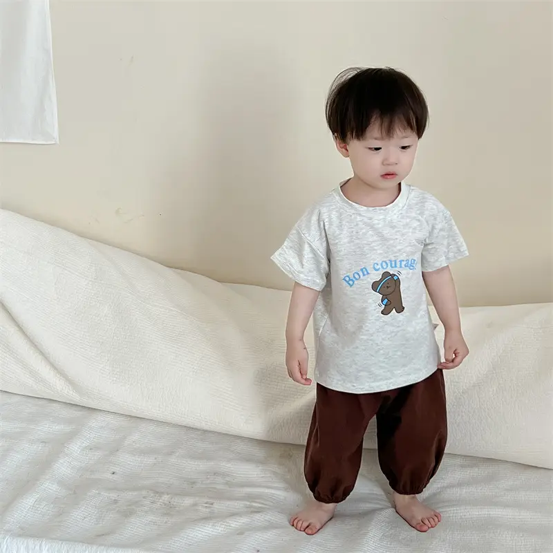 Kids Striped T-Shirt Shorts Set White Blue Bear Print