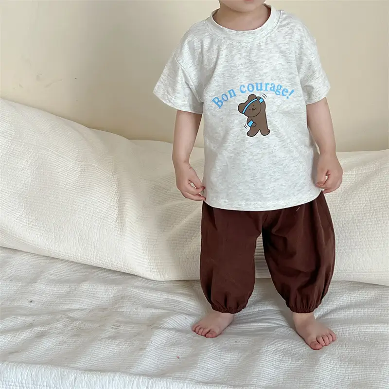 Kids Striped T-Shirt Shorts Set White Blue Bear Print