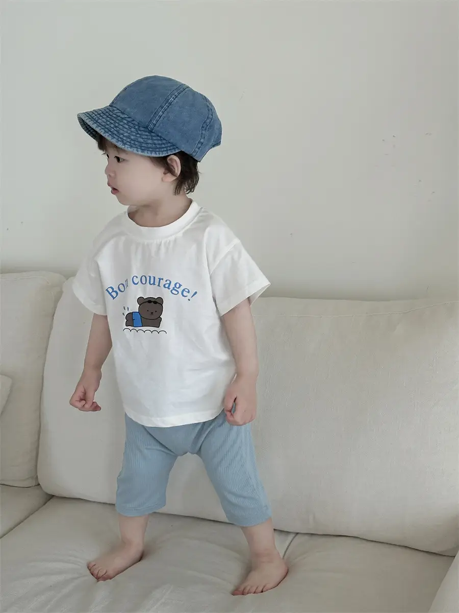 Kids Striped T-Shirt Shorts Set White Blue Bear Print