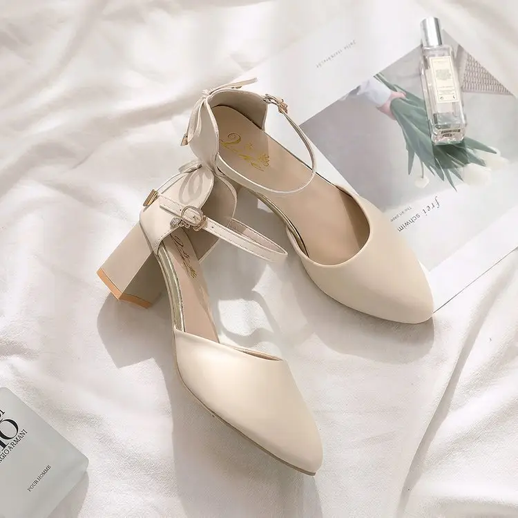 Women's Beige Chunky Heel Sandals 2024 Summer