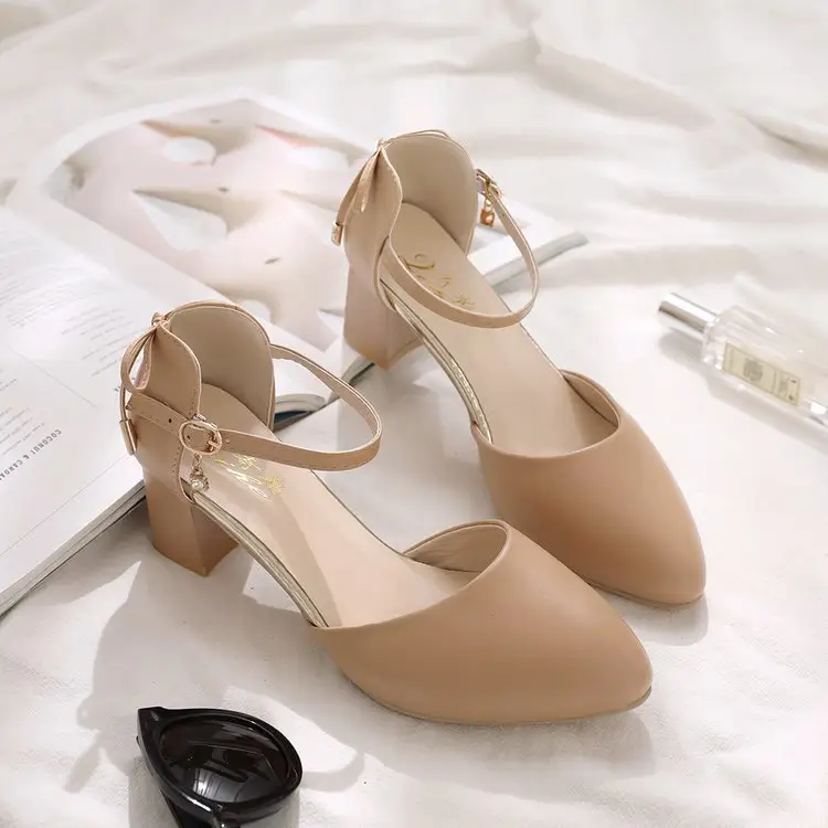 Women's Beige Chunky Heel Sandals 2024 Summer