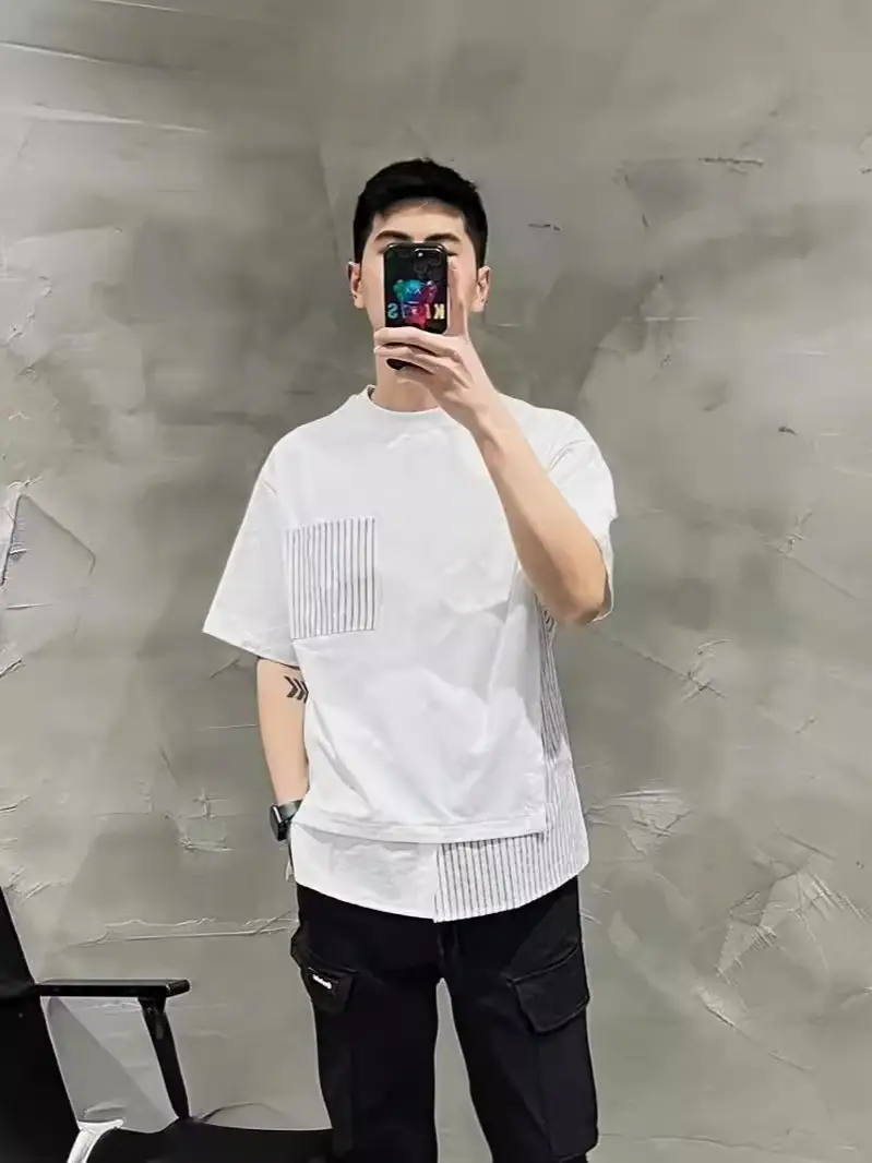 Men White Striped Patchwork T-Shirt Short Sleeve - Image 5