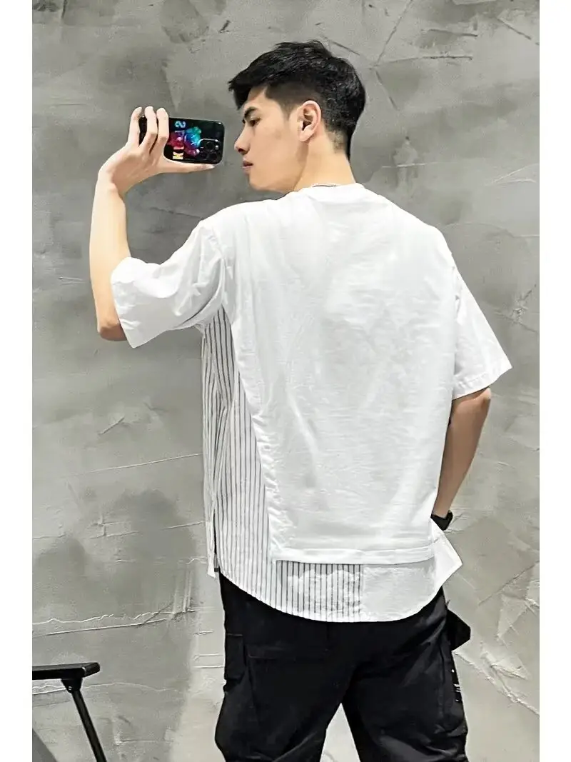 Men White Striped Patchwork T-Shirt Short Sleeve - Image 6