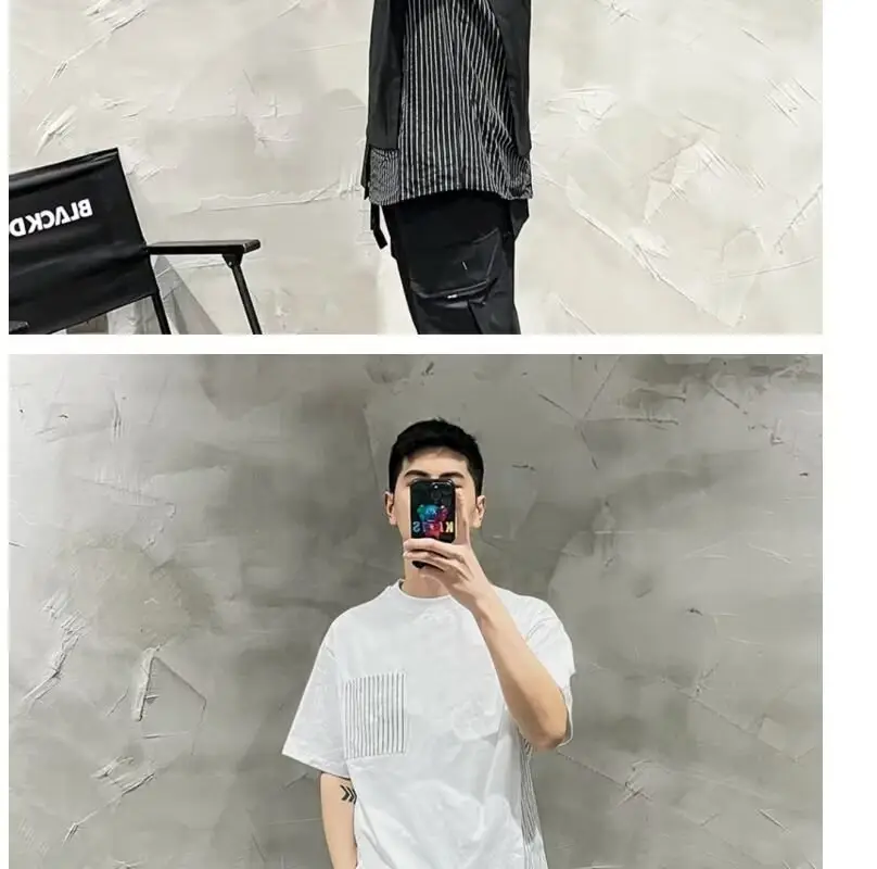 Men White Striped Patchwork T-Shirt Short Sleeve — feature 10