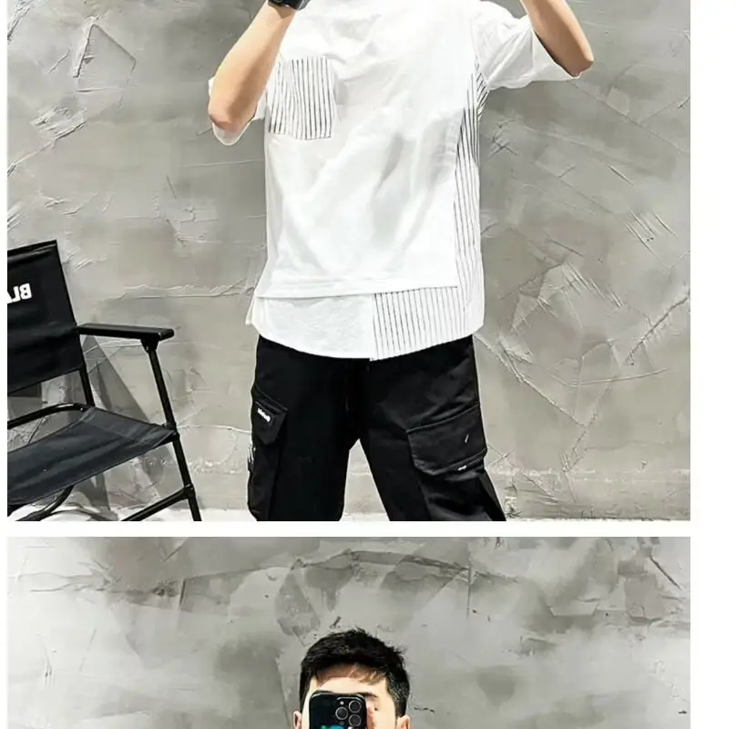 Men White Striped Patchwork T-Shirt Short Sleeve — feature 12