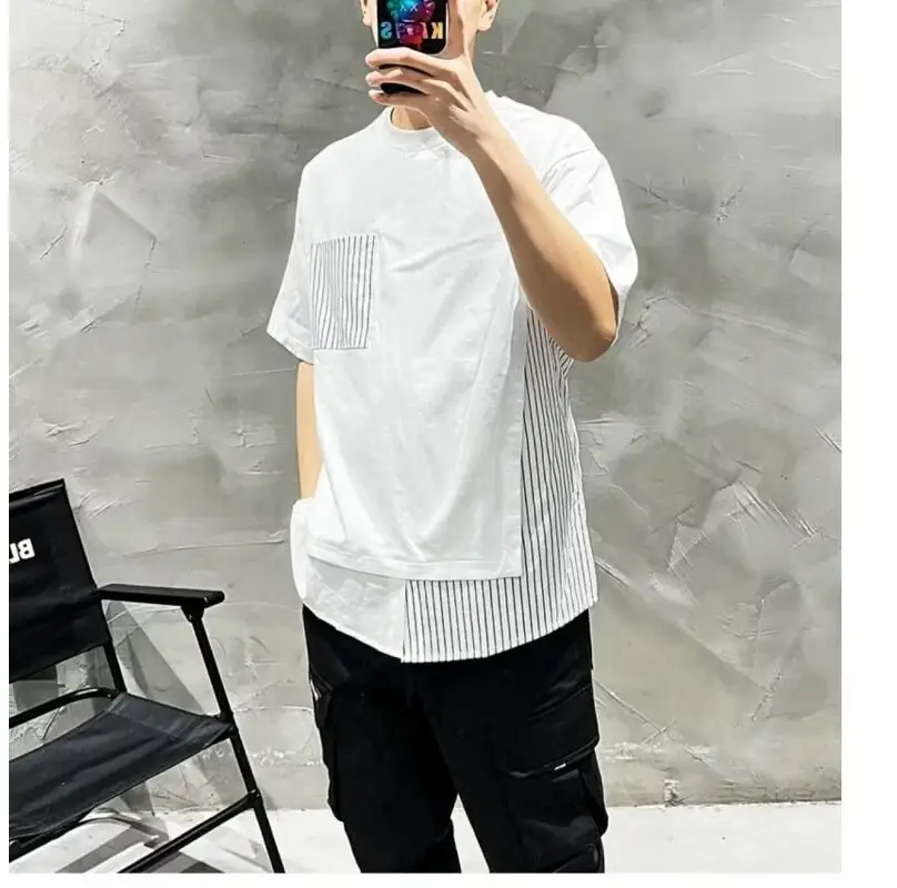 Men White Striped Patchwork T-Shirt Short Sleeve — feature 13