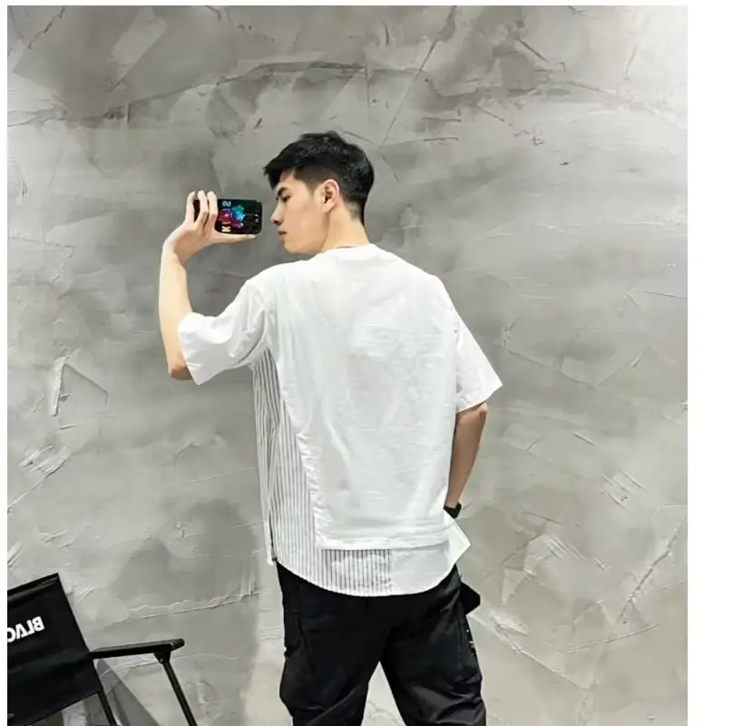 Men White Striped Patchwork T-Shirt Short Sleeve — feature 14