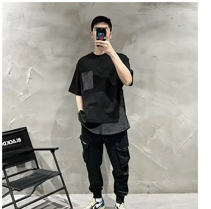 Men White Striped Patchwork T-Shirt Short Sleeve — feature 3