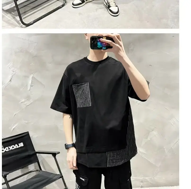 Men White Striped Patchwork T-Shirt Short Sleeve — feature 4