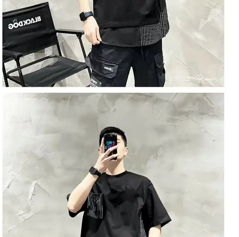 Men White Striped Patchwork T-Shirt Short Sleeve — feature 7