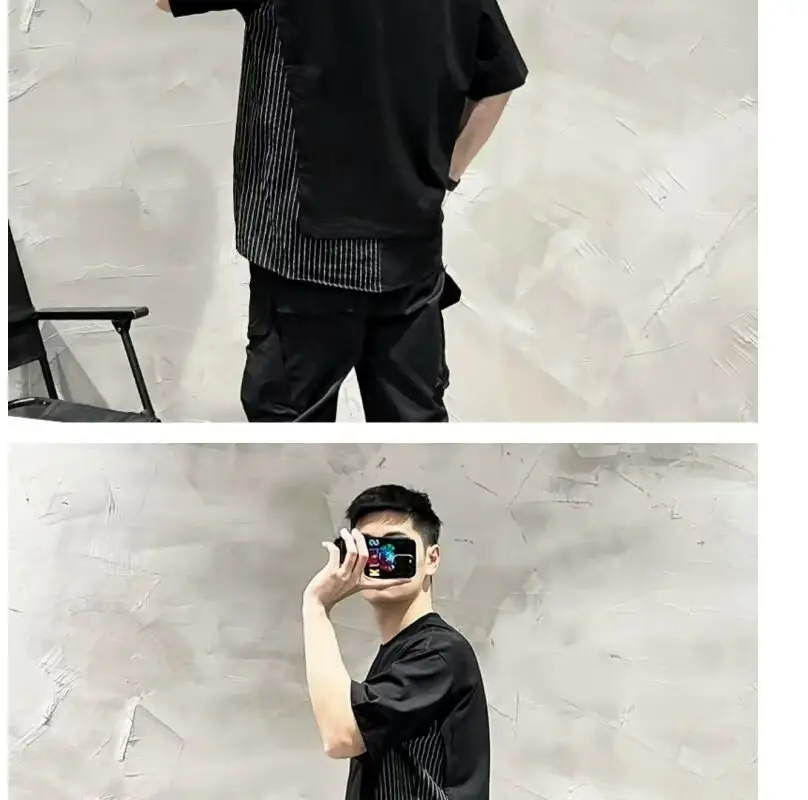 Men White Striped Patchwork T-Shirt Short Sleeve — feature 9