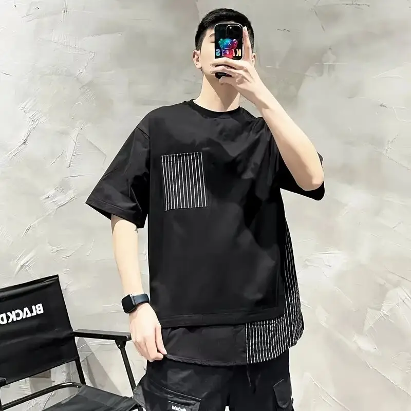 Men White Striped Patchwork T-Shirt Short Sleeve - Image 2