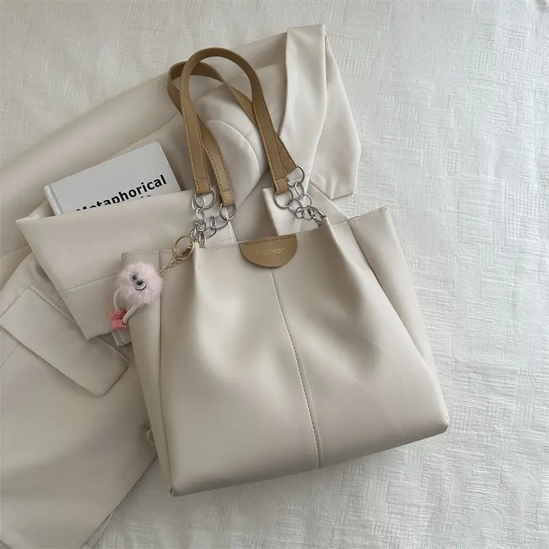 Women's Beige Shoulder Bag with Keychain & Wallet Set - Image 3