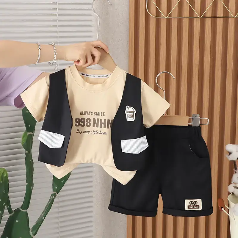 3-Piece Boys Summer Suit White Black Green Shorts Set - Image 2