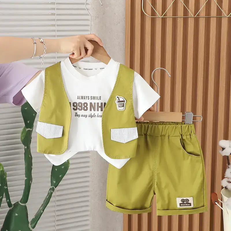 3-Piece Boys Summer Suit White Black Green Shorts Set - Image 3