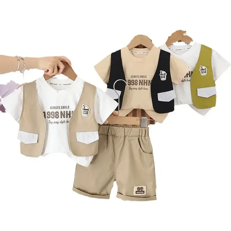 3-Piece Boys Summer Suit White Black Green Shorts Set - Image 5